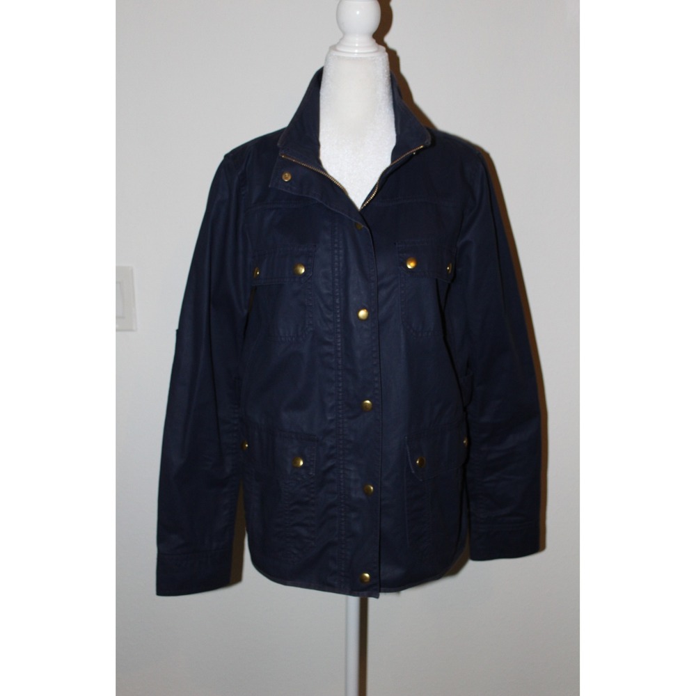 J.Crew Womens Navy Blue Waxed Cotton Field Utility Jacket Gold Snaps Size Medium